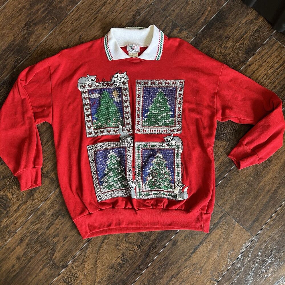 90s Cat Christmas sweatshirt Medium Vintage Nutcracker Kitten Sweater Red